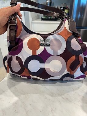 Coach Purple Multicolor Circular-Print Tote with Brown Trim
